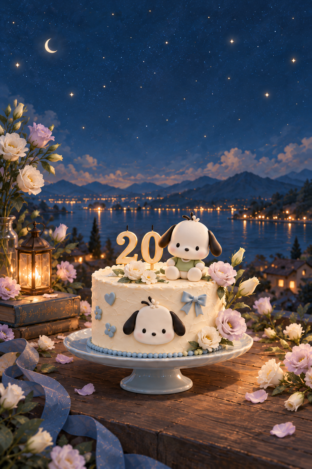 帕恰狗主题生日蛋糕，配有洋桔梗和数字 20 蜡烛